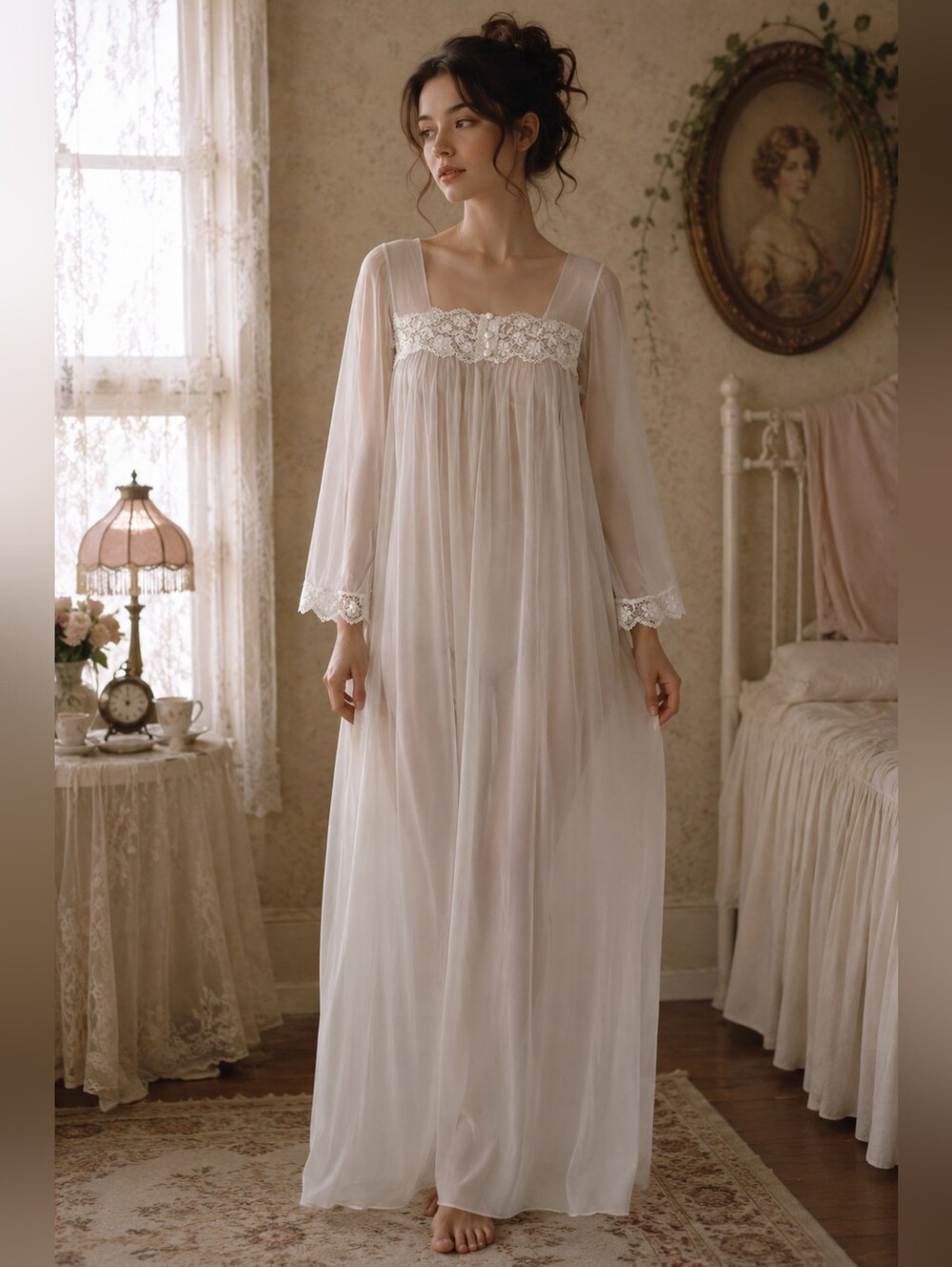 I Do Vintage Sheer Lace Crochet Peignoir Boudoir Nightgown Robe Romantic Boho M